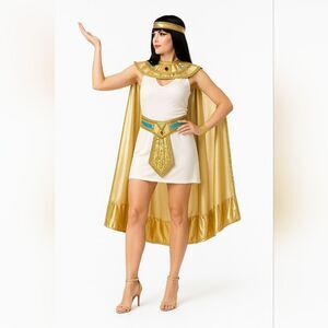 Cleo Cleopatra Costume White Gold Collar Cape Dress Belt XS Cosplay NWT Egyptian